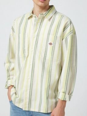 Dickies Men's Cream Shirt with Yellow and Green Stripes
